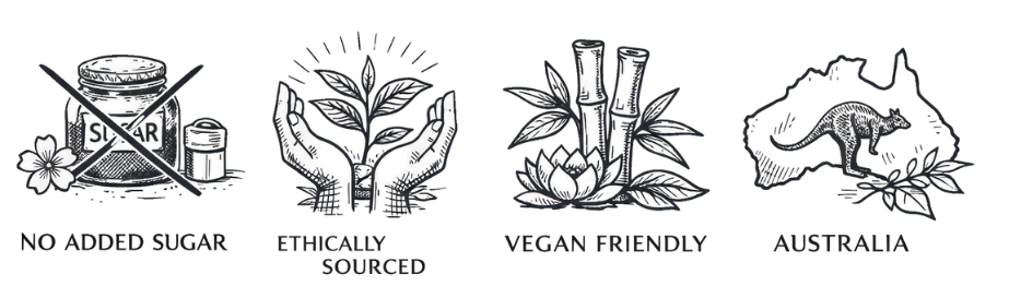 Set of icons indicating no added sugar, ethically sourced, vegan friendly, and Australian origin on a white background.