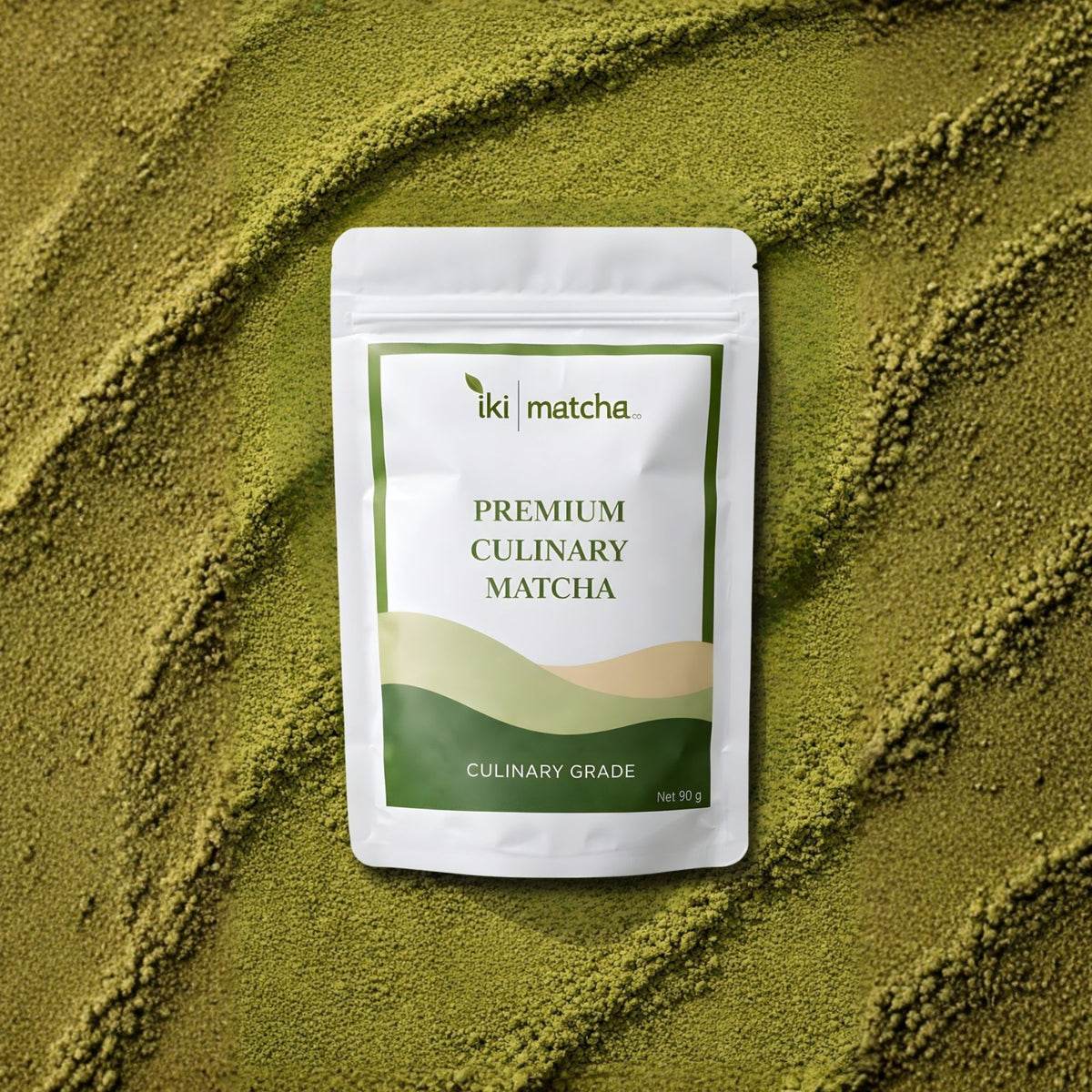White package of 'iki matcha' Premium Culinary Matcha on a bed of green matcha powder.