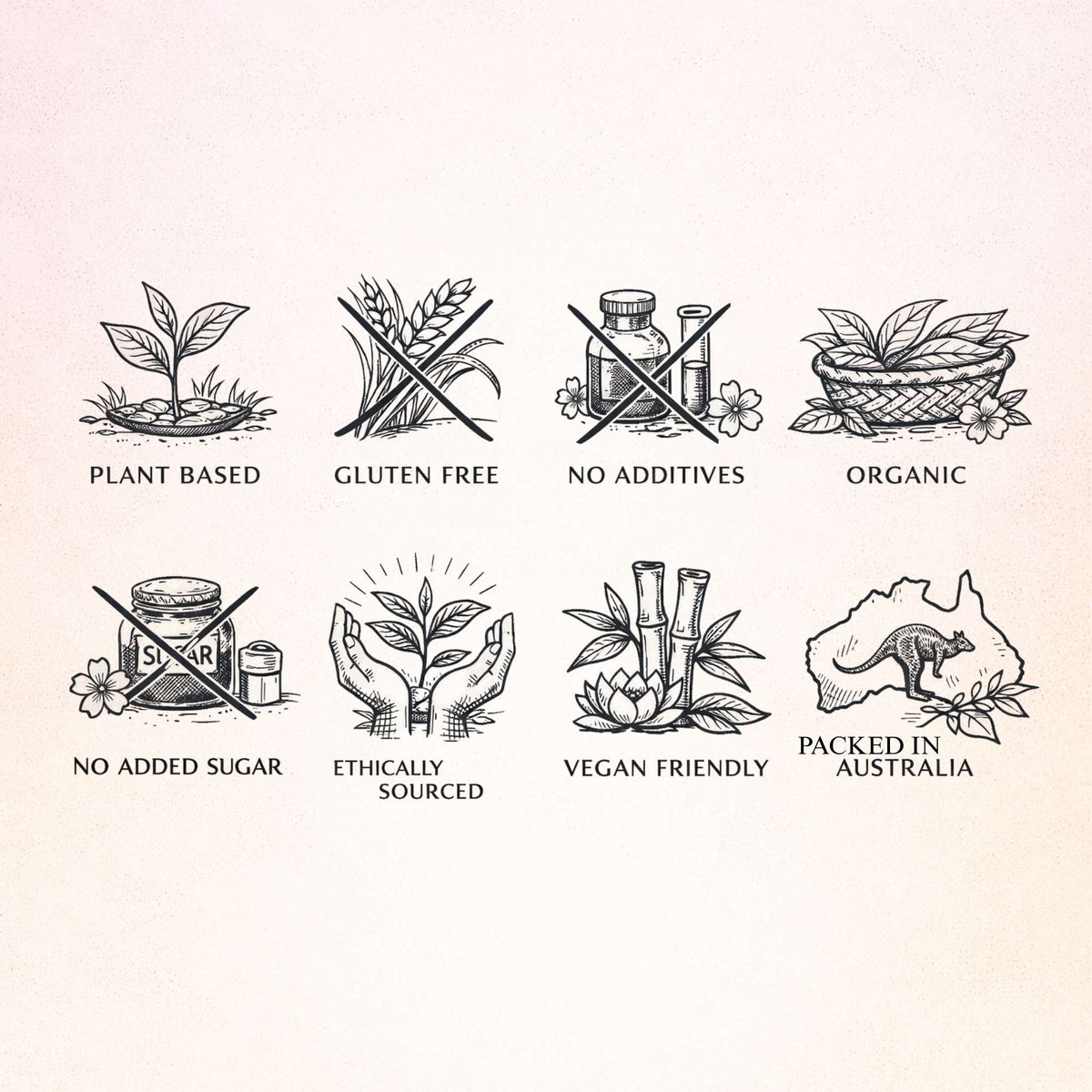 Set of icons representing various food and product attributes on a beige background