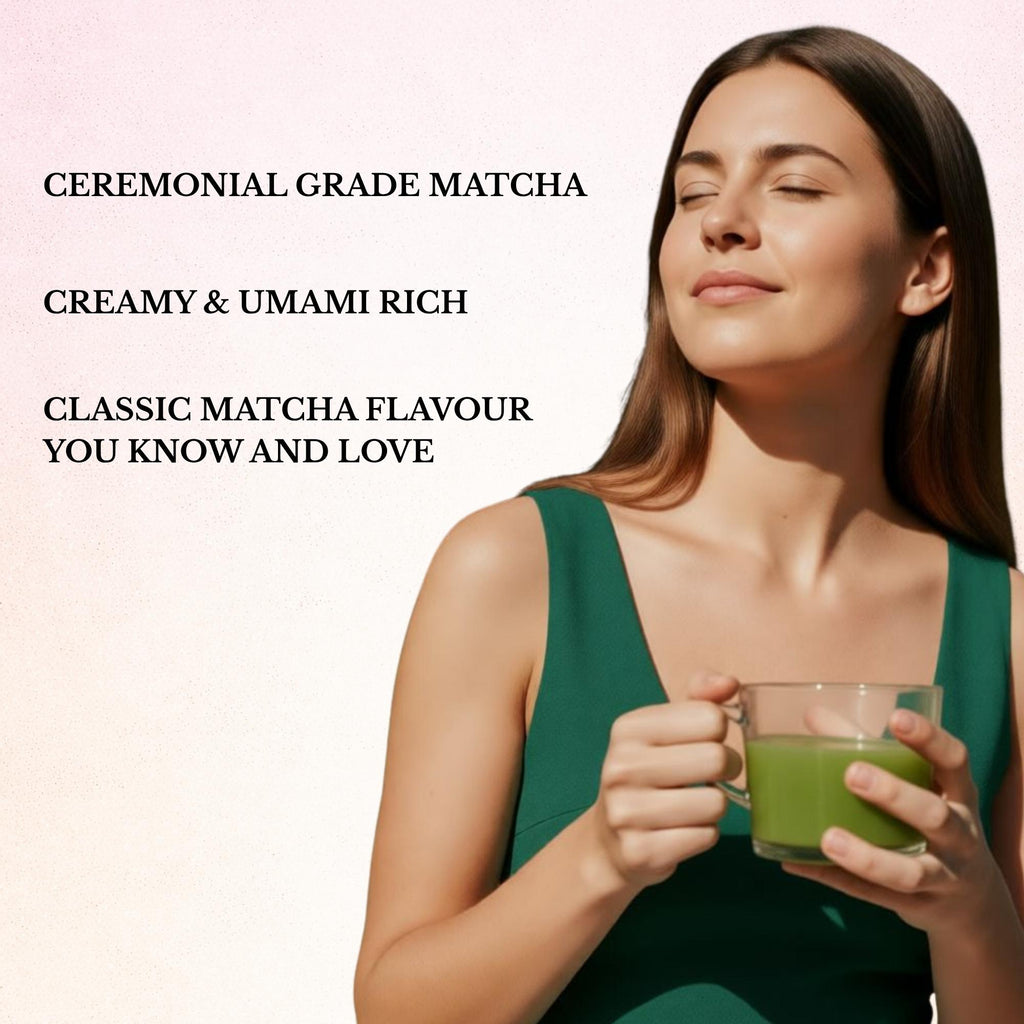 Woman holding a glass of matcha green tea with promotional text about ceremonial grade matcha.