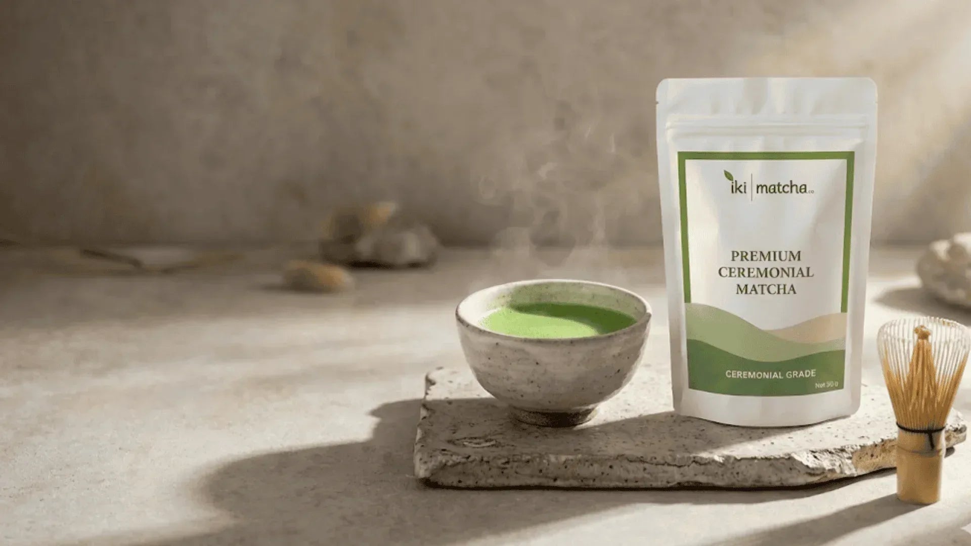Freshly whisked ceremonial matcha with rich green foam by iki Matcha Co
