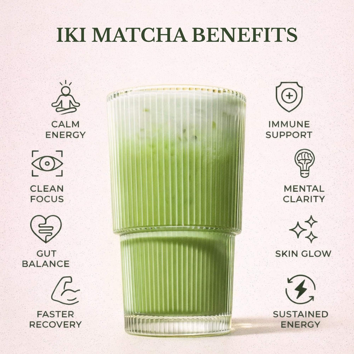 Glass of green matcha with ikimatcha benefits listed on a light pink background