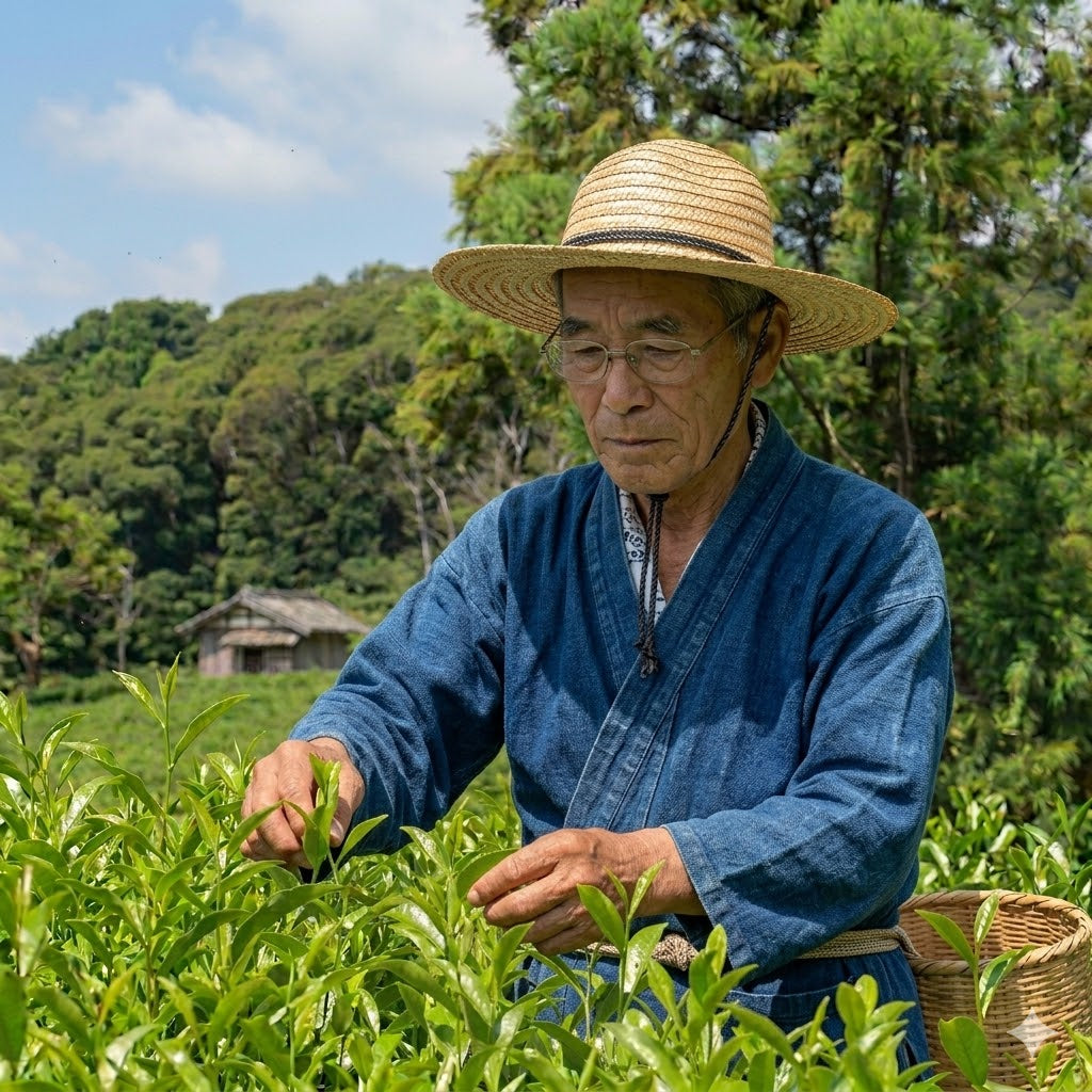 Man in traditional attire picking tea leaves in a field