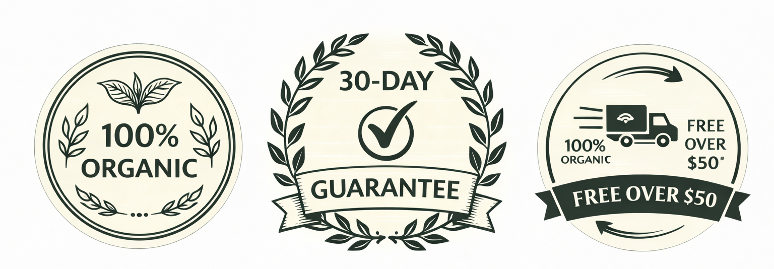 Three circular badges with text and graphics on a white background