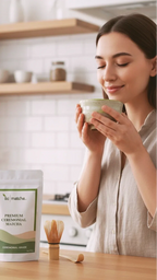 Woman holding a cup of matcha with iki matcha packaging on a kitchen counter.