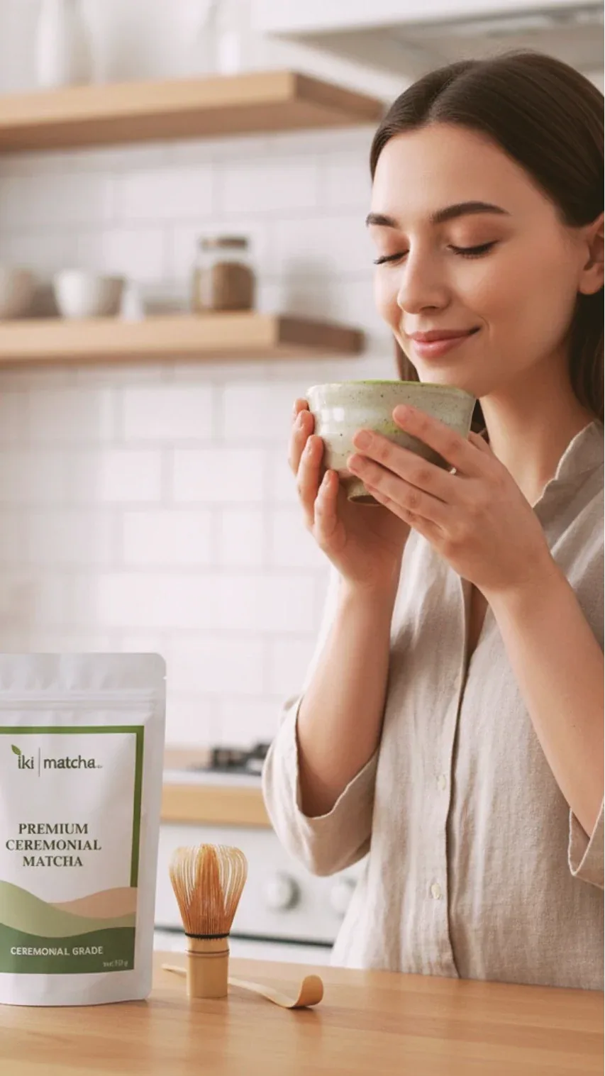 Woman holding a cup of matcha with iki matcha packaging on a kitchen counter.