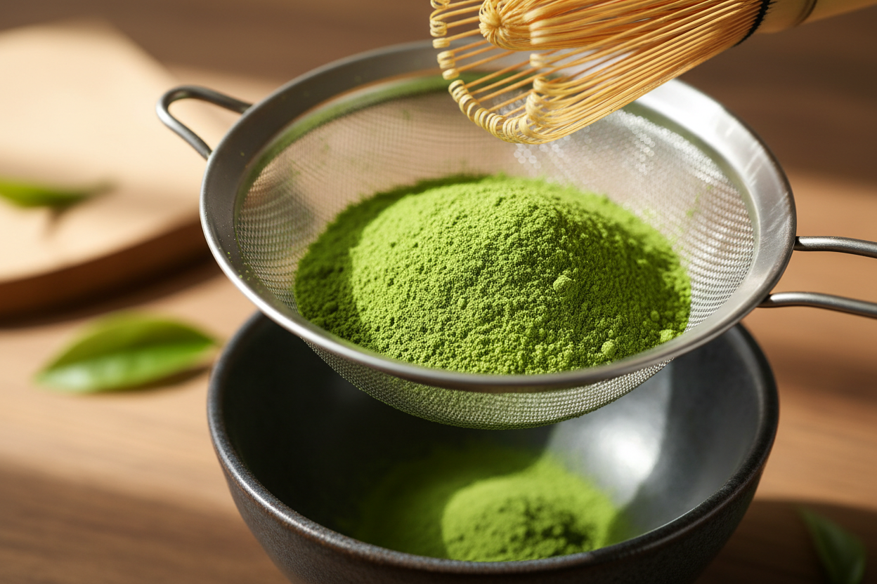 A close-up of vivid ceremonial-grade matcha powder being sifted, fine texture, bamboo whisk in frame, premium purity, bright natural lighting, high-detail macro photography.