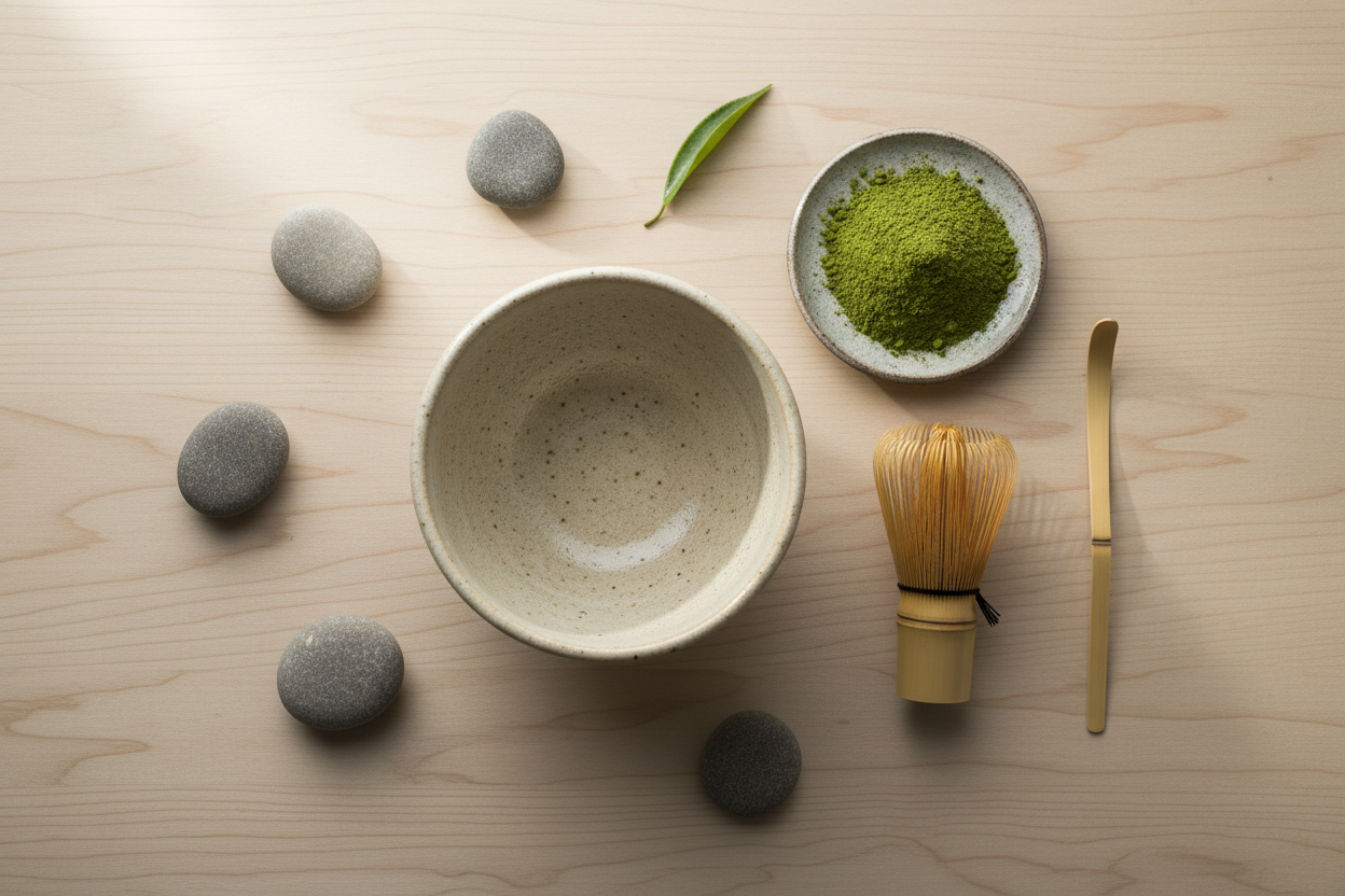 A minimalist Japanese-inspired flat lay with a matcha bowl, bamboo whisk, bright green matcha powder, natural wood and ceramic textures, clean balanced composition.