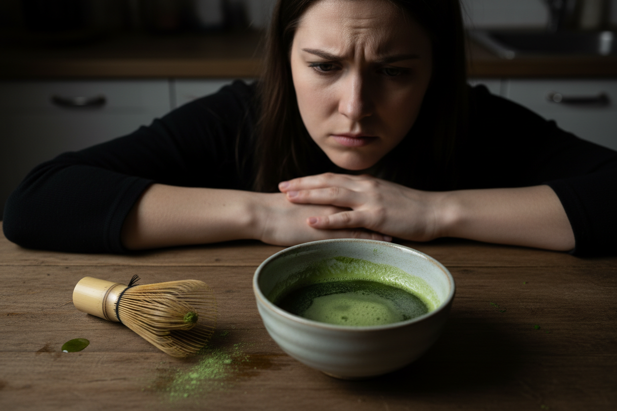 A slightly frustrated person looking at a clumpy, poorly mixed bowl of matcha. The color is dull, and the whisk is sitting sadly on the side. The lighting is slightly dim to convey the feeling of a 