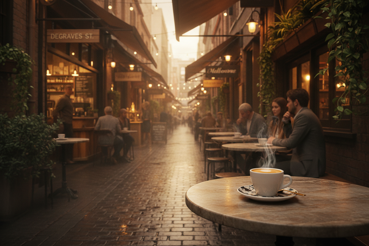 Dusk street scene with people sitting at outdoor cafes in a city setting.