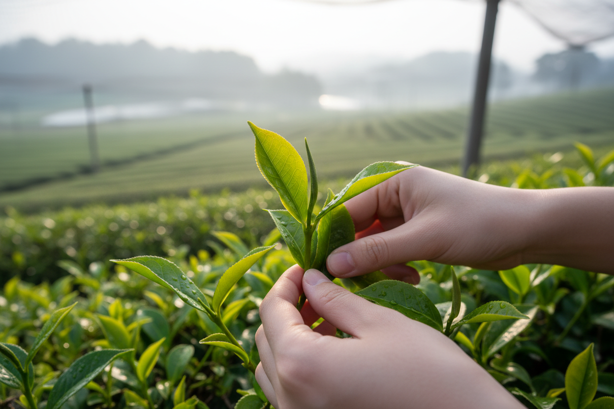 first harvest matcha leaf picked with focus on Leafe