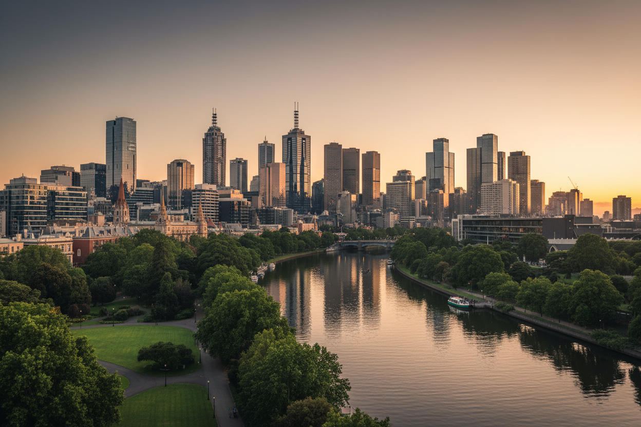 City skyline with modern buildings and a river at sunset.