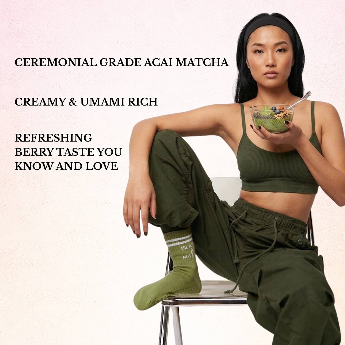 Woman in green athletic wear holding a bowl of acai matcha, with promotional text on a light pink background.