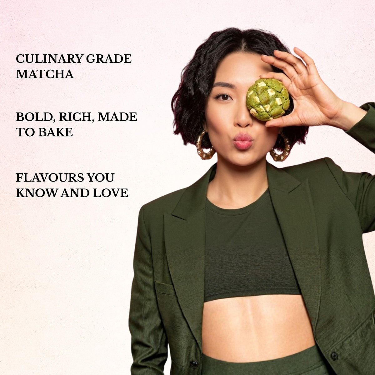 Woman holding a green matcha product in front of her eye with promotional text about culinary grade matcha.