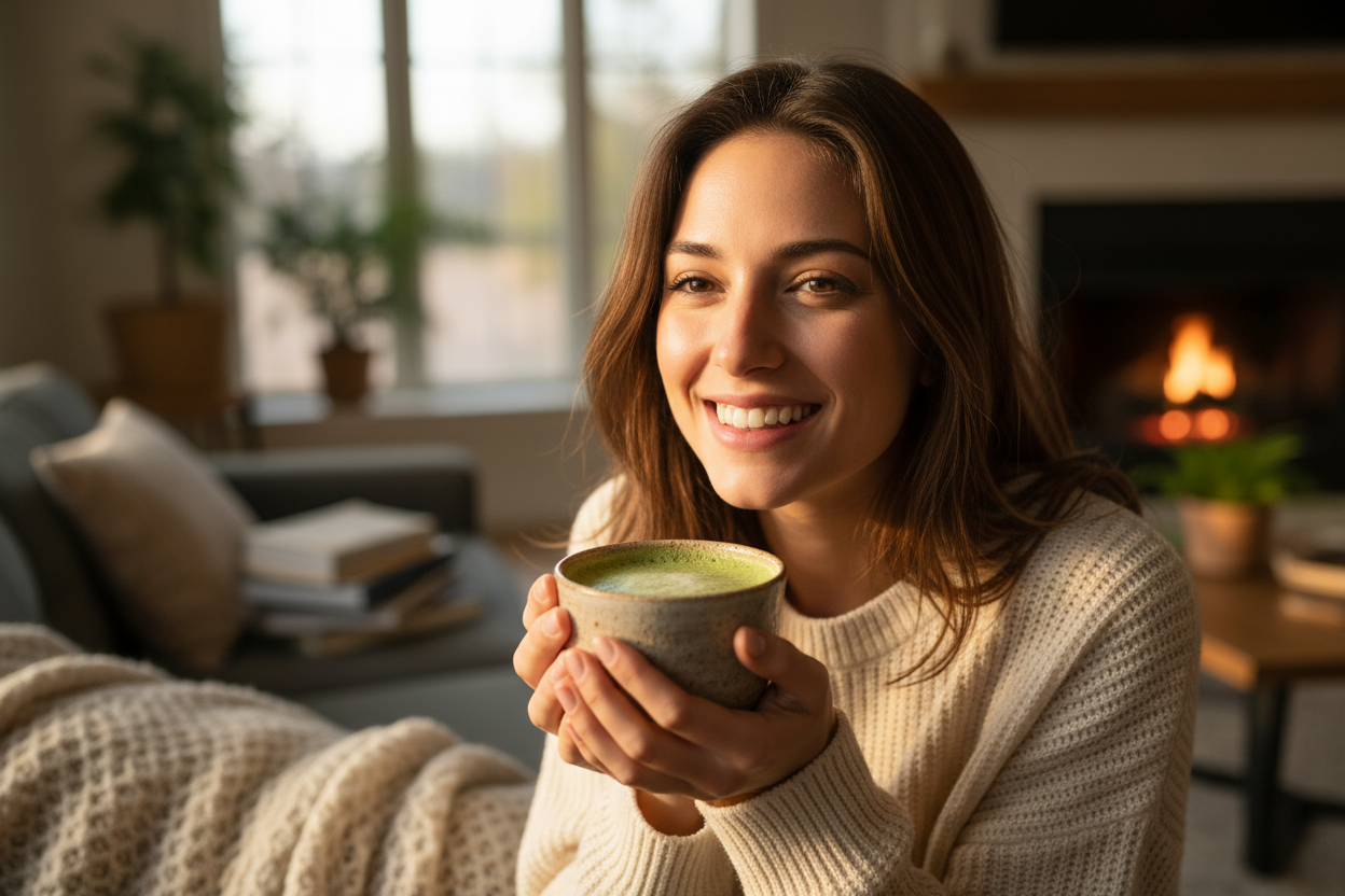 smiling young woman holding a cup of matcha in a warm setting