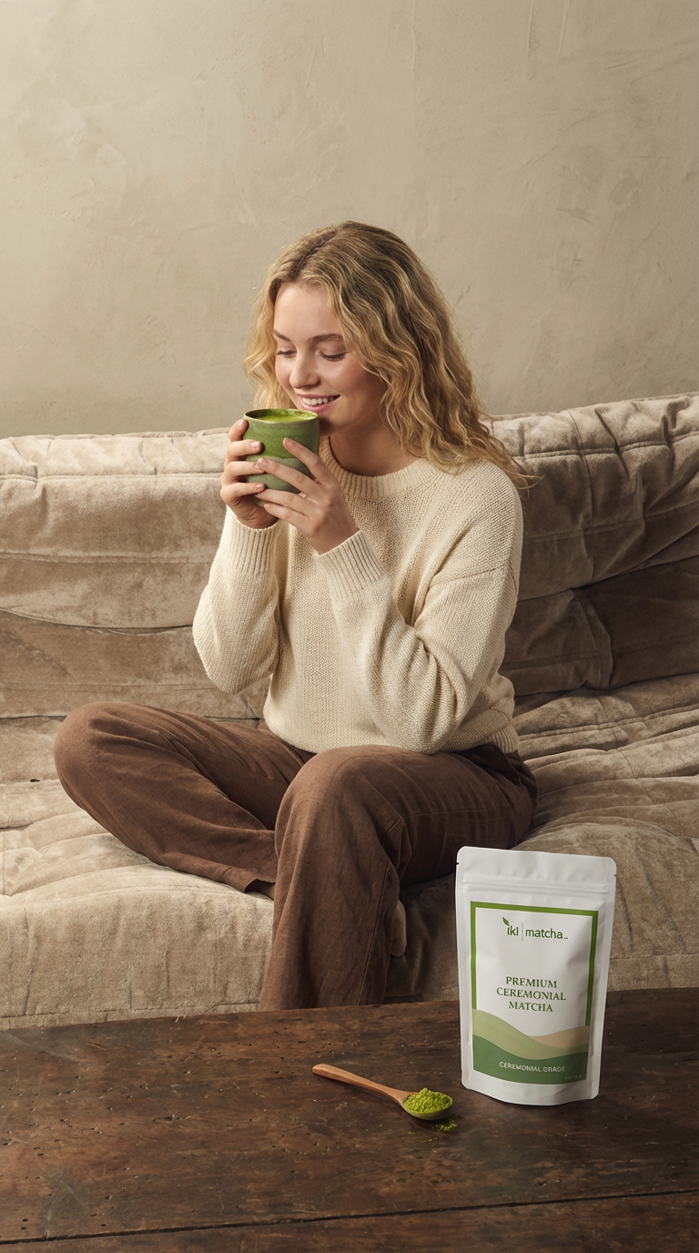 smiling young woman holding a cup of matcha in a warm setting