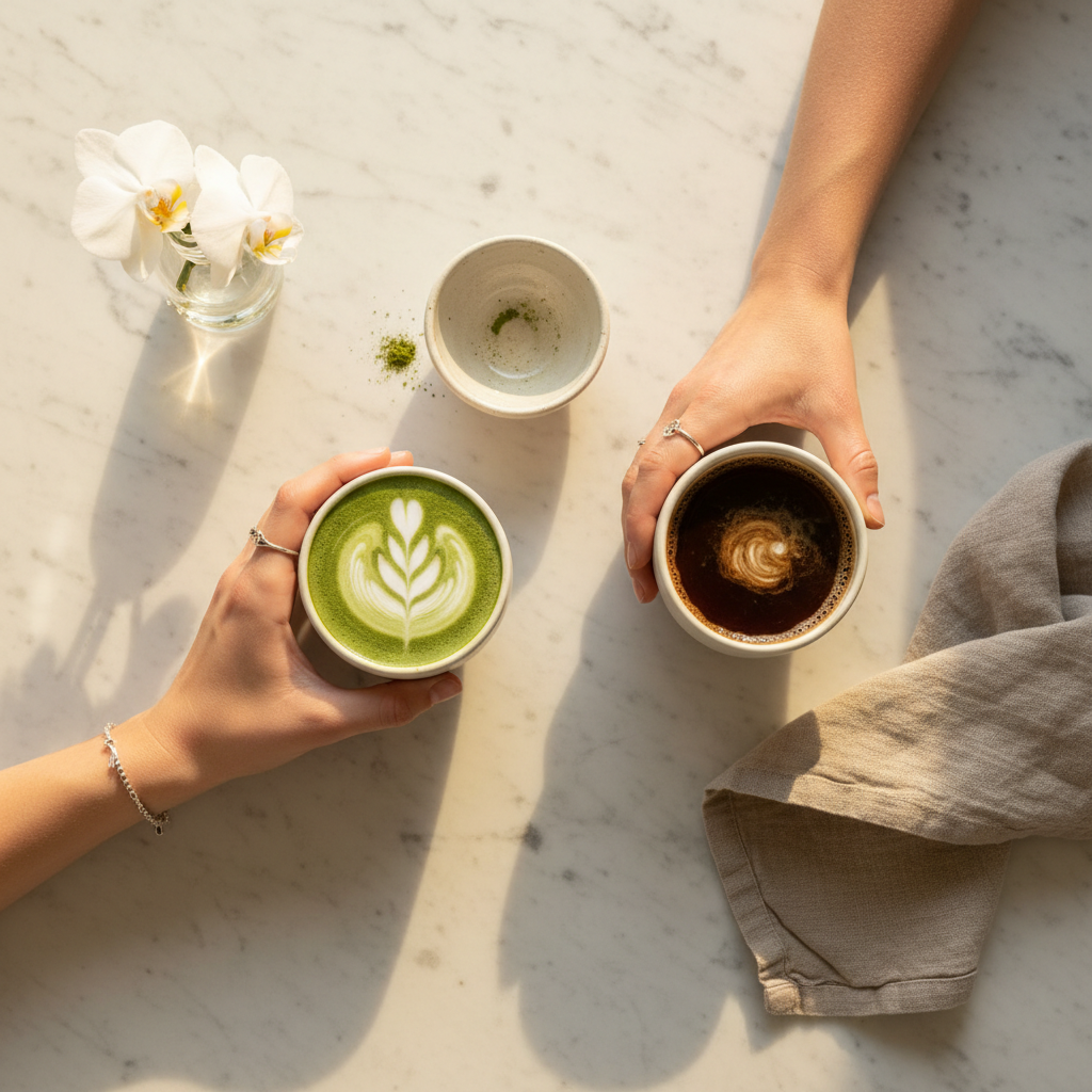 Two hands holding a green matcha latte and a black coffee on a light surface with a flower.