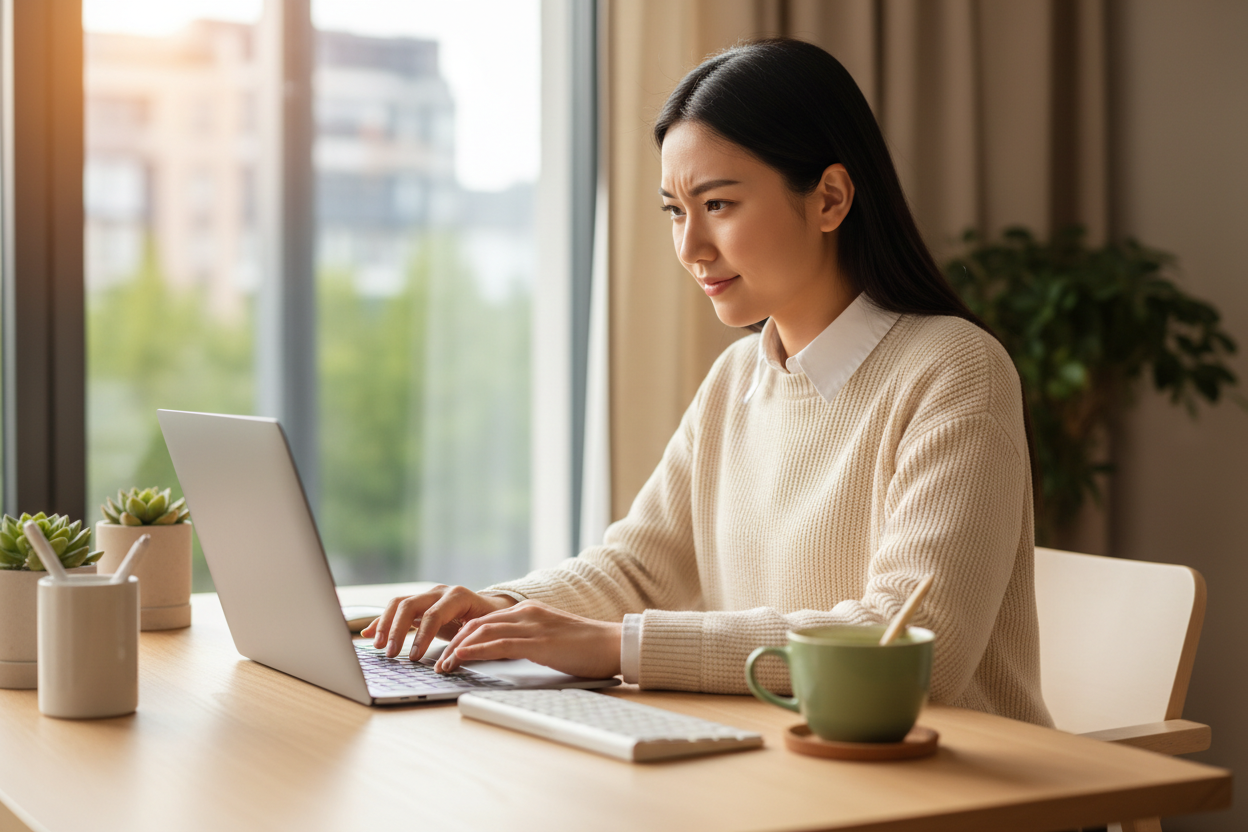Young women focus on work laptop