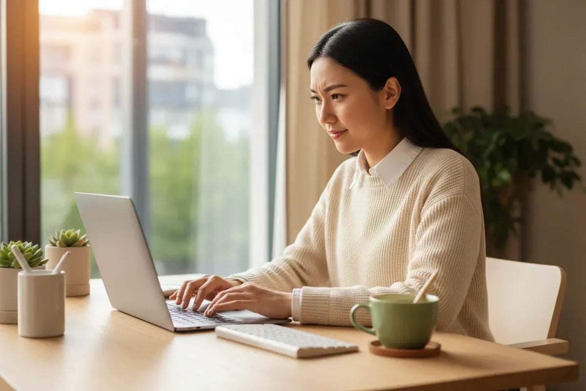 Young women focus on work laptop